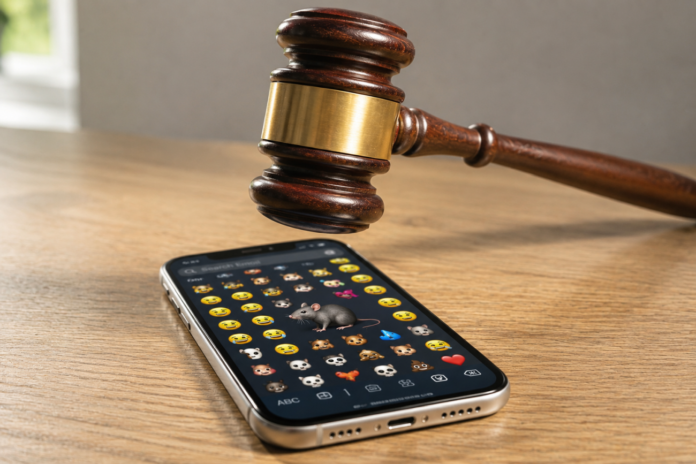 Tiesas āmurs virs mobilā telefona, kura ekrānā redzamas dažādas emocijzīmes