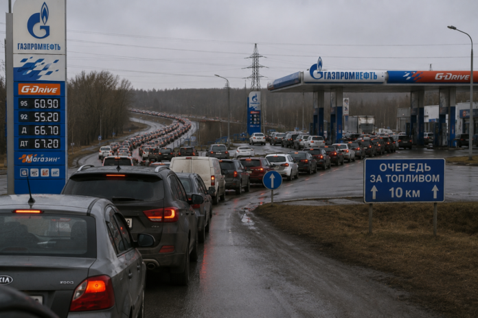 Ilustratīvs attēls ar kilometriem garām auto rindām pie degvielas uzpildes stacijām